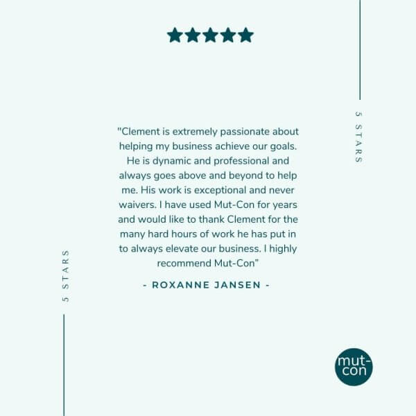 Clement is extremely passionate about helping my business achieve our goals. He is dynamic and professional and always goes above and beyond to help me. His work is exceptional and never waivers. I have used Mut-Con for years and would like to thank Clement for the many hard hours of work he has put in